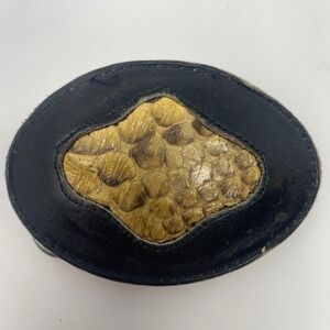 Vintage Exotic Leather Oval Belt Buckle Black Tan Crocodile or Snake Pattern
